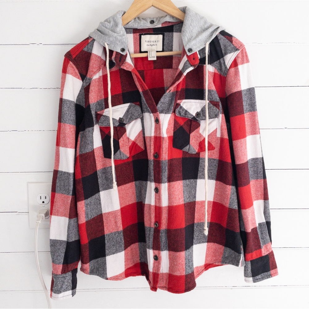 Forever 21 Red Plaid Flannel Hoodie